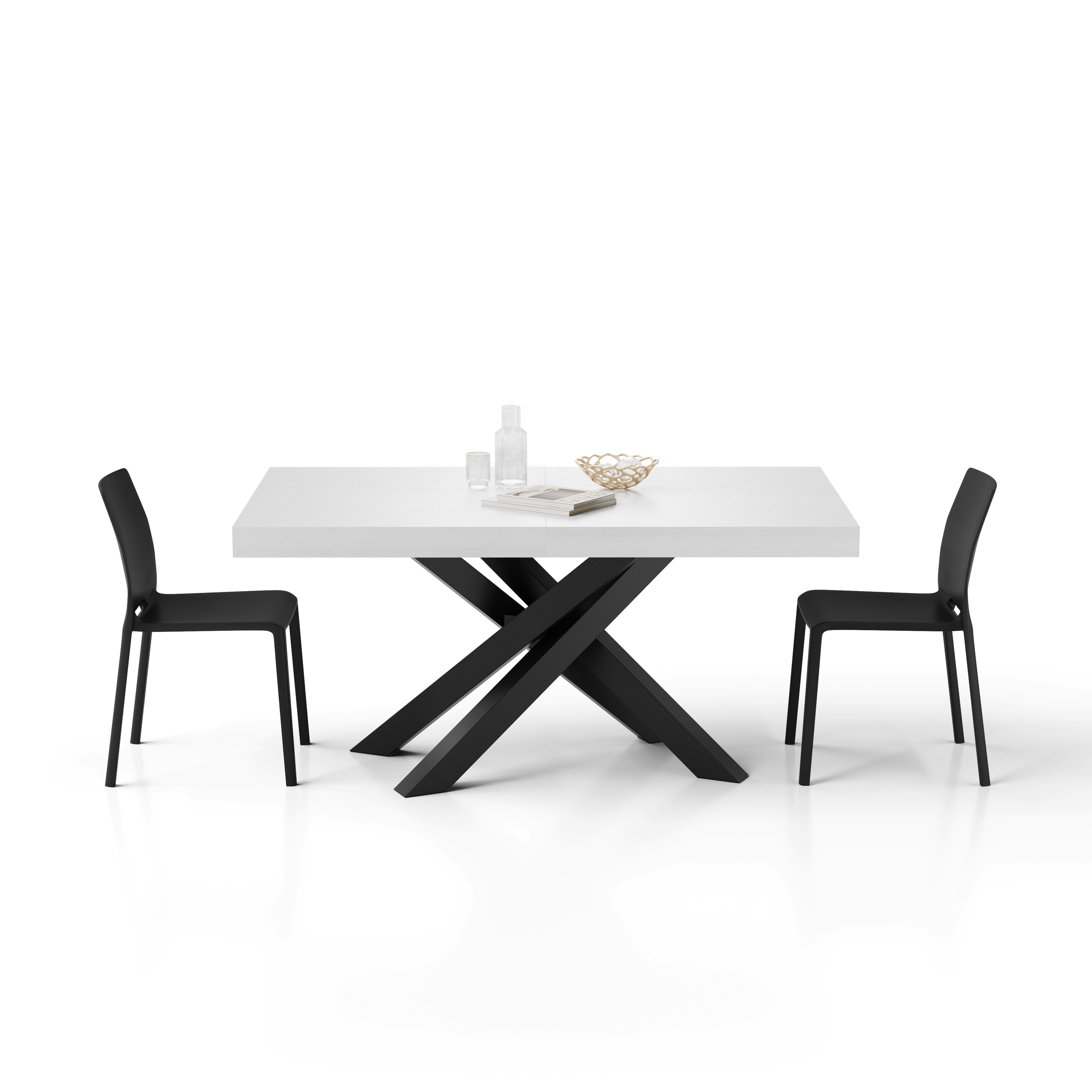 Tavolo Allungabile Emma 160(240)x90 cm, Bianco Frassino con Gambe Incrociate Nere