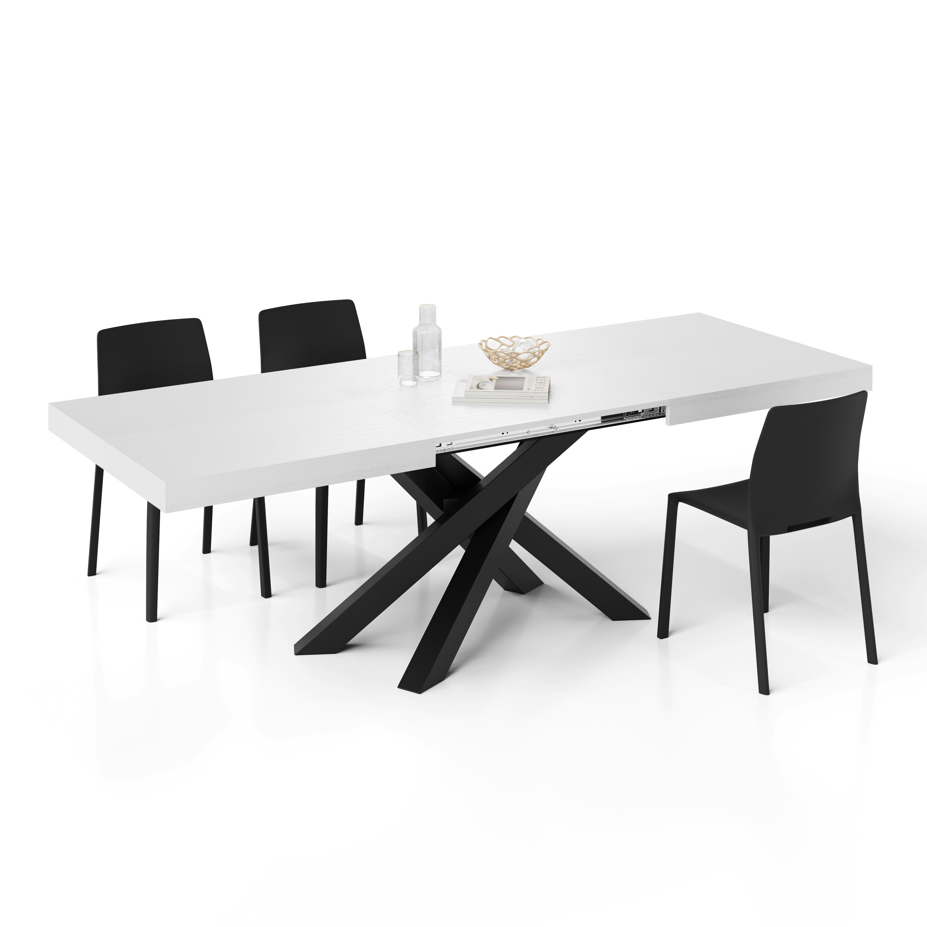 Tavolo Allungabile Emma 160(240)x90 cm, Bianco Frassino con Gambe Incrociate Nere - Immagine dettaglio 3