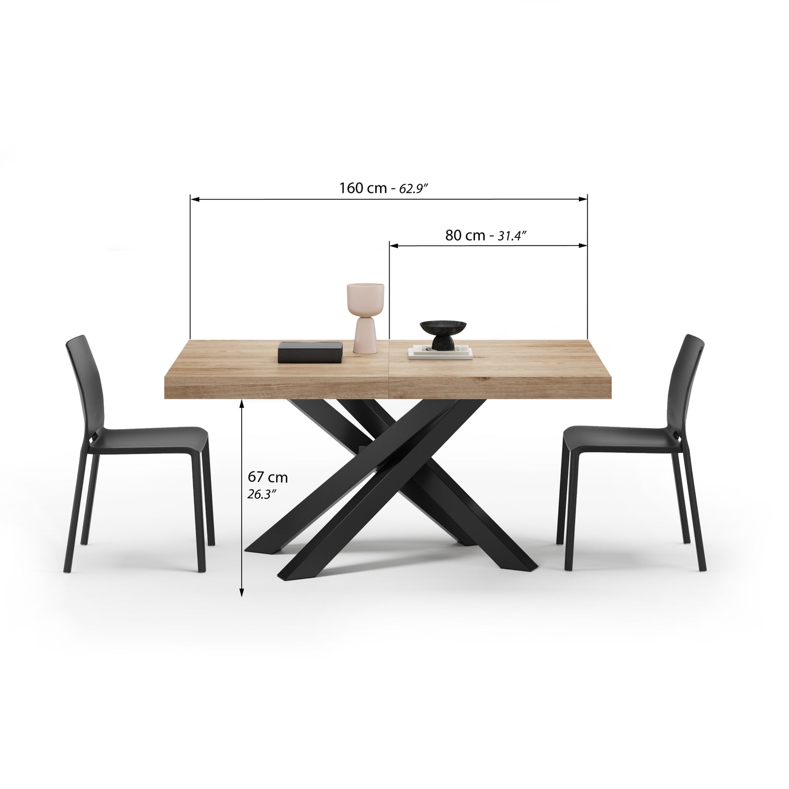 Emma 160(240)x90 cm Extendable Table, Light Oak with Black Crossed Legs - Immagine tecnica 1