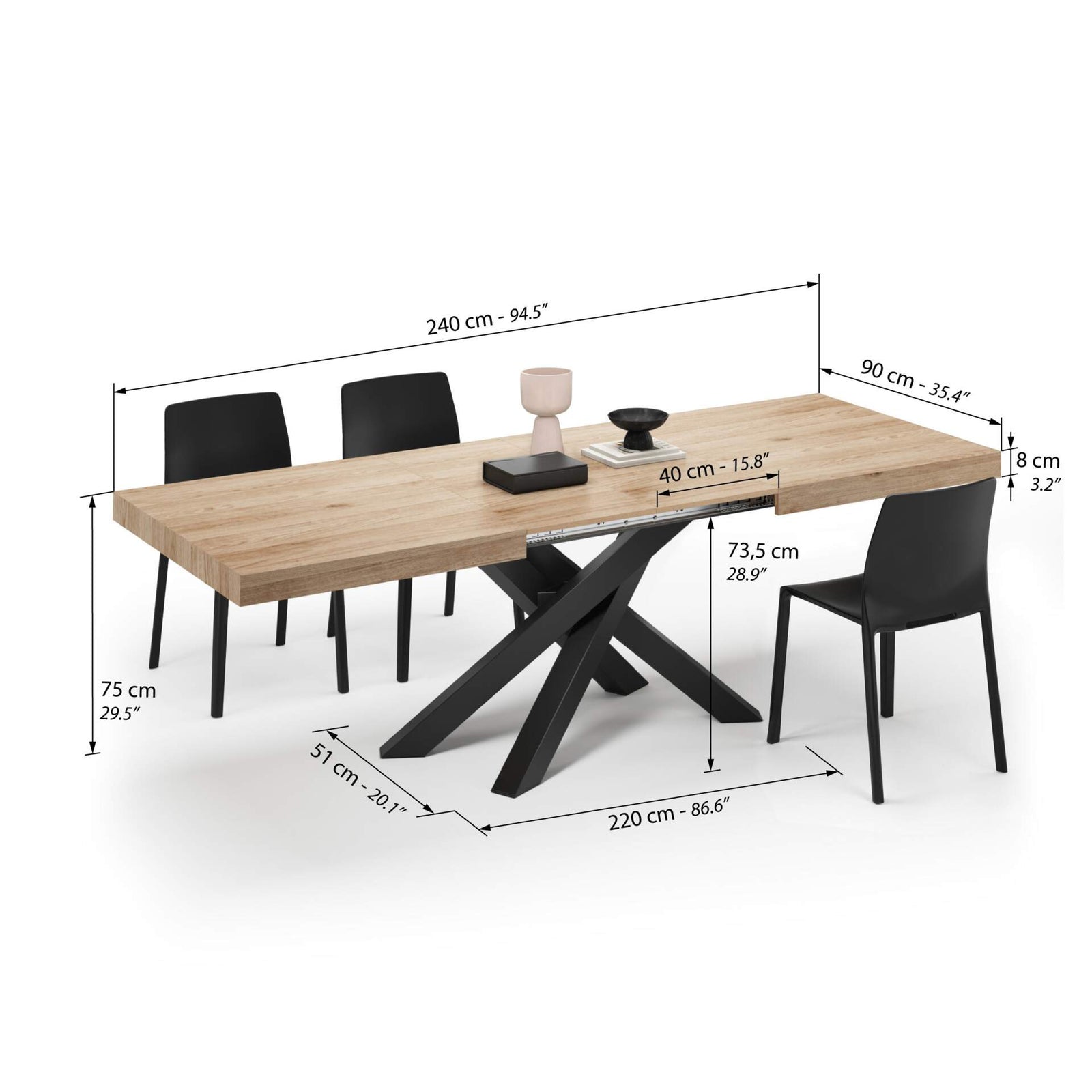 Ausziehbarer Esstisch Emma 160(240)x90 cm, Wildeiche mit Schwarzen gekreuzten Beinen - Immagine tecnica 2