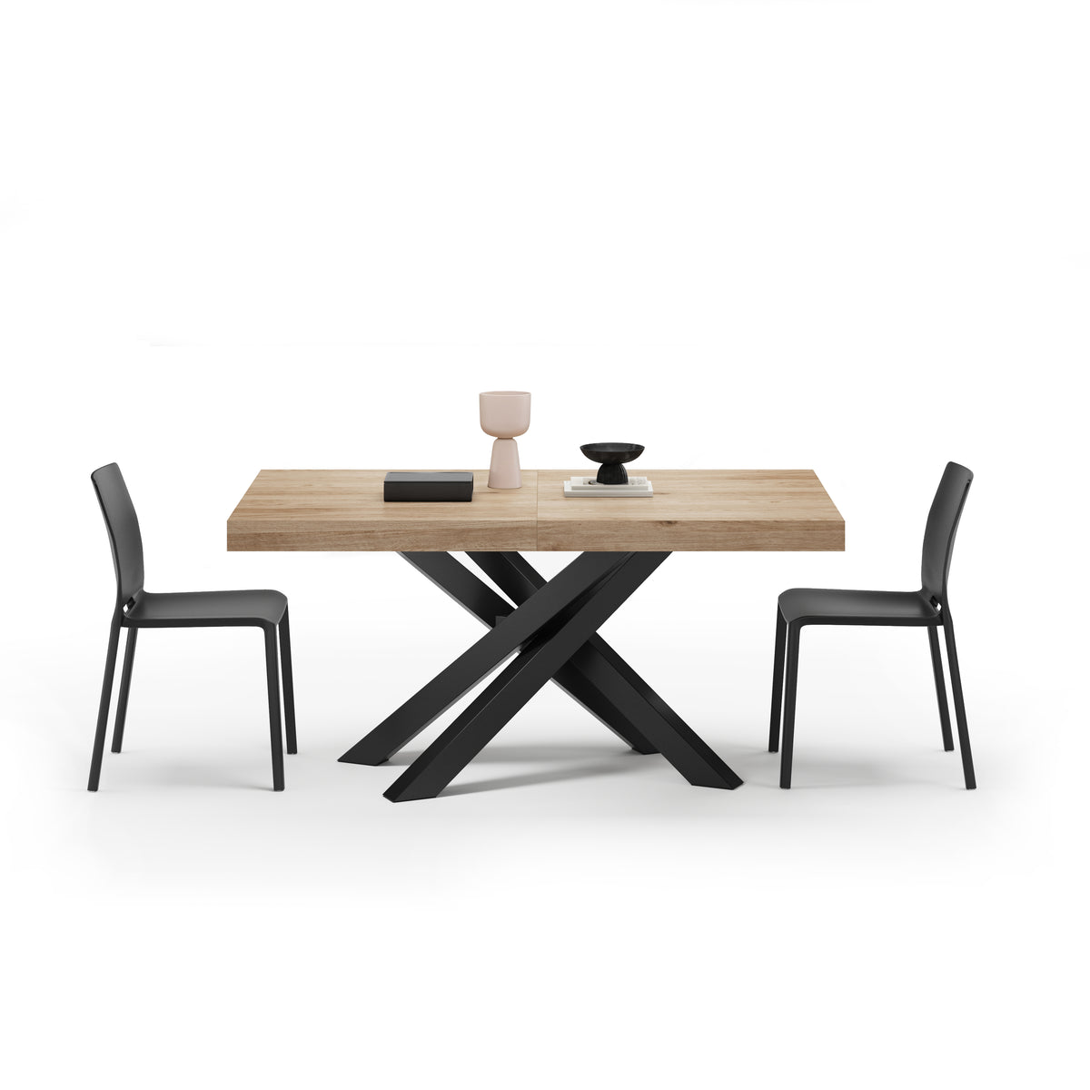 Emma 160(240)x90 cm Extendable Table, Light Oak with Black Crossed Legs