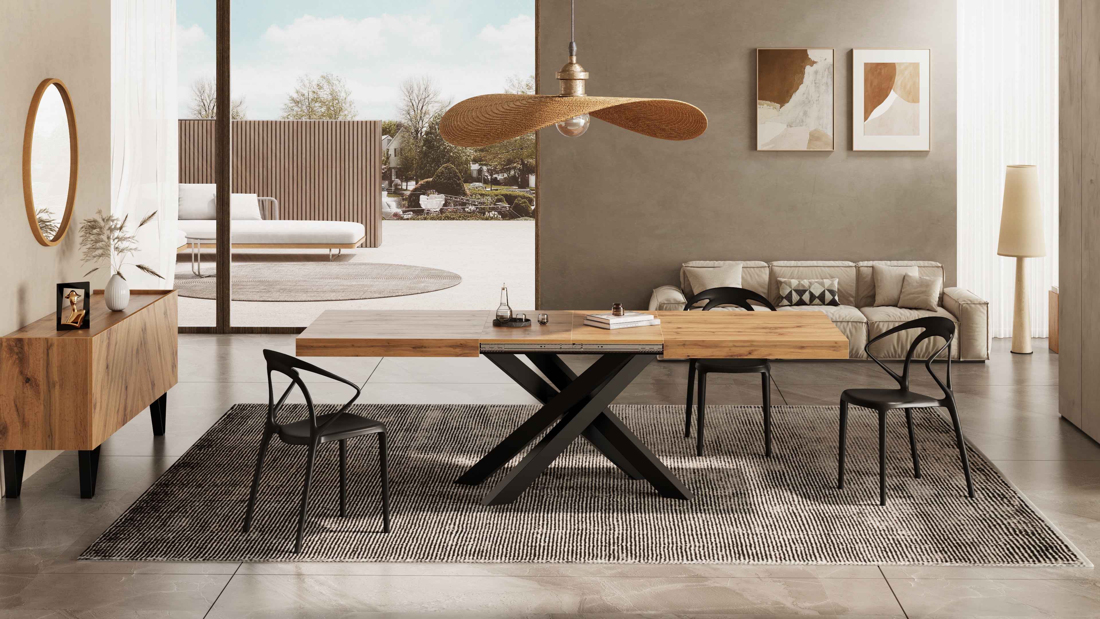 Emma 63(94.5)x35.4 in Extendable Table, Rustic Oak with Black
