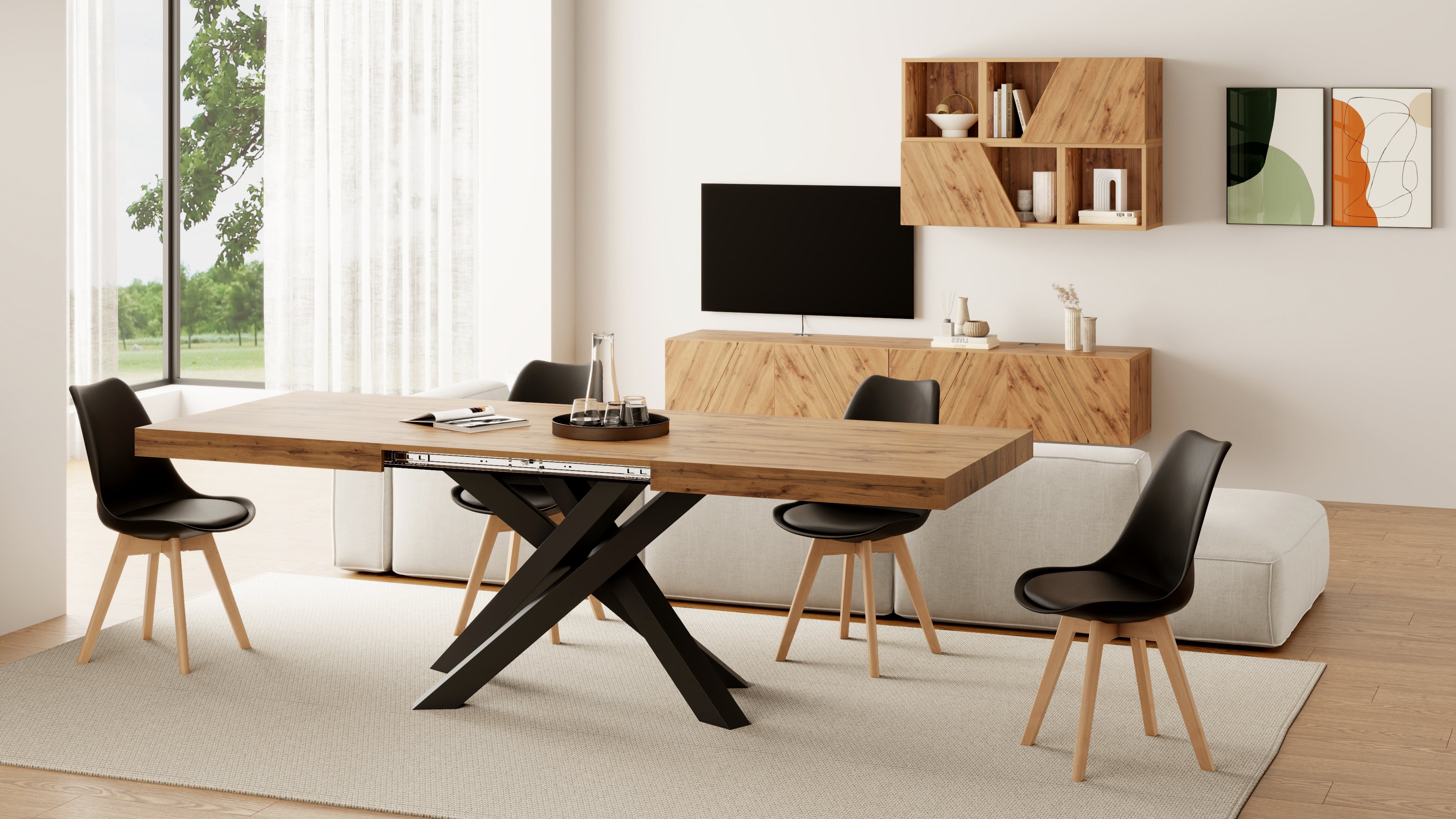 Emma 63(94.5)x35.4 in Extendable Table, Rustic Oak with Black