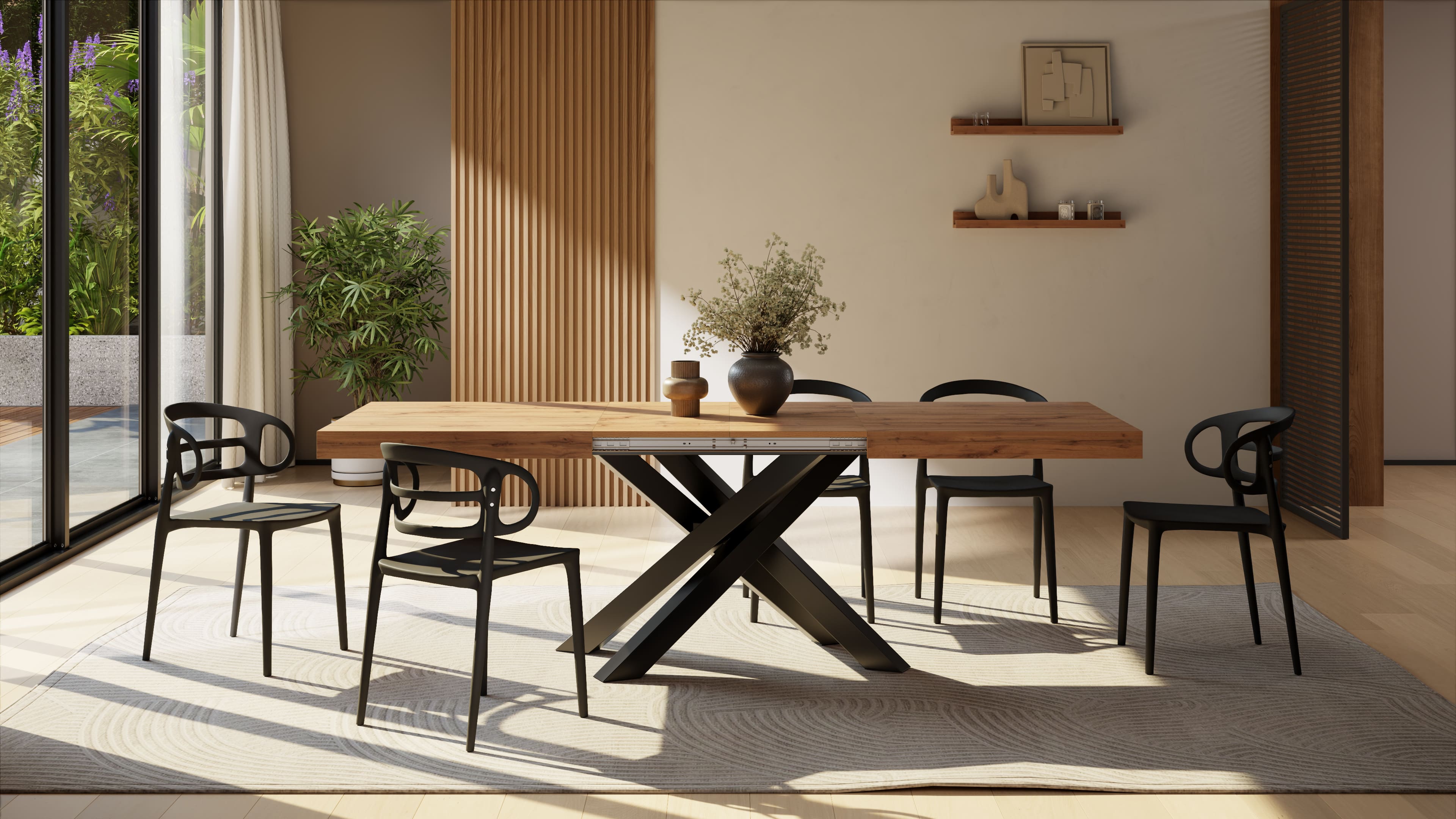 Emma 63(94.5)x35.4 in Extendable Table, Rustic Oak with Black