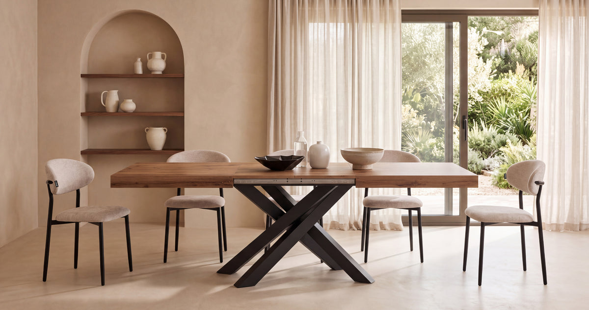 Table Extensible Emma 160(240)x90 cm, Bois rustique avec Pieds Croisés Noirs - Image d’ensemble 13