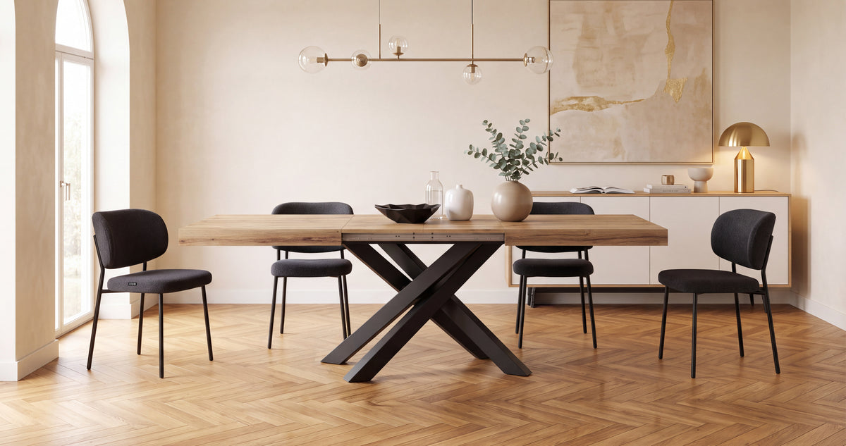 Table Extensible Emma 160(240)x90 cm, Bois rustique avec Pieds Croisés Noirs - Image d’ensemble 12