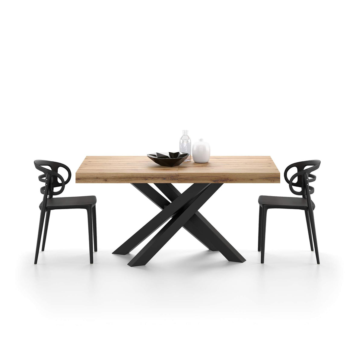 Table Extensible Emma 160(240)x90 cm, Bois rustique avec Pieds Croisés Noirs