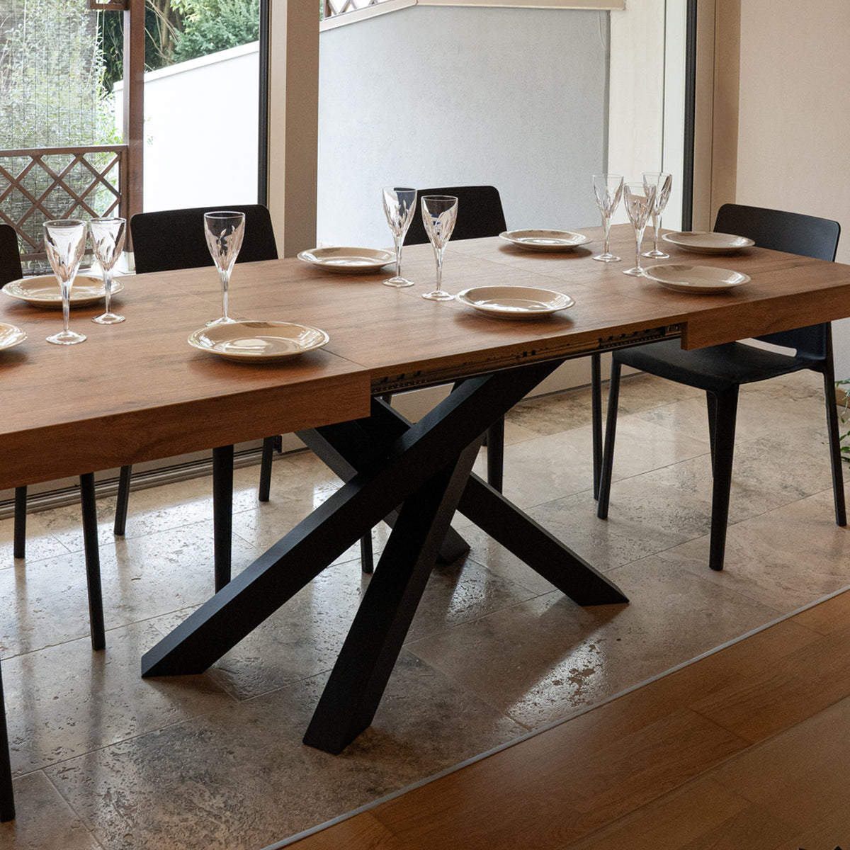 Emma 160(240)x90 cm Extendable Table, Rustic Oak with Black Crossed Legs