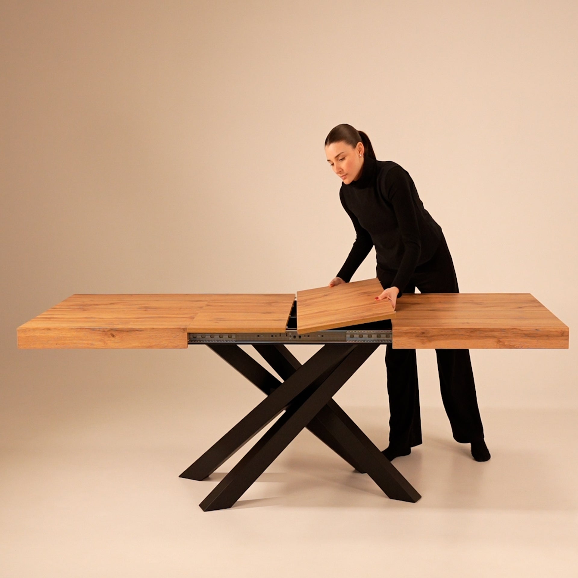 Emma 63(94.5)x35.4 in Extendable Table, Rustic Oak with Black