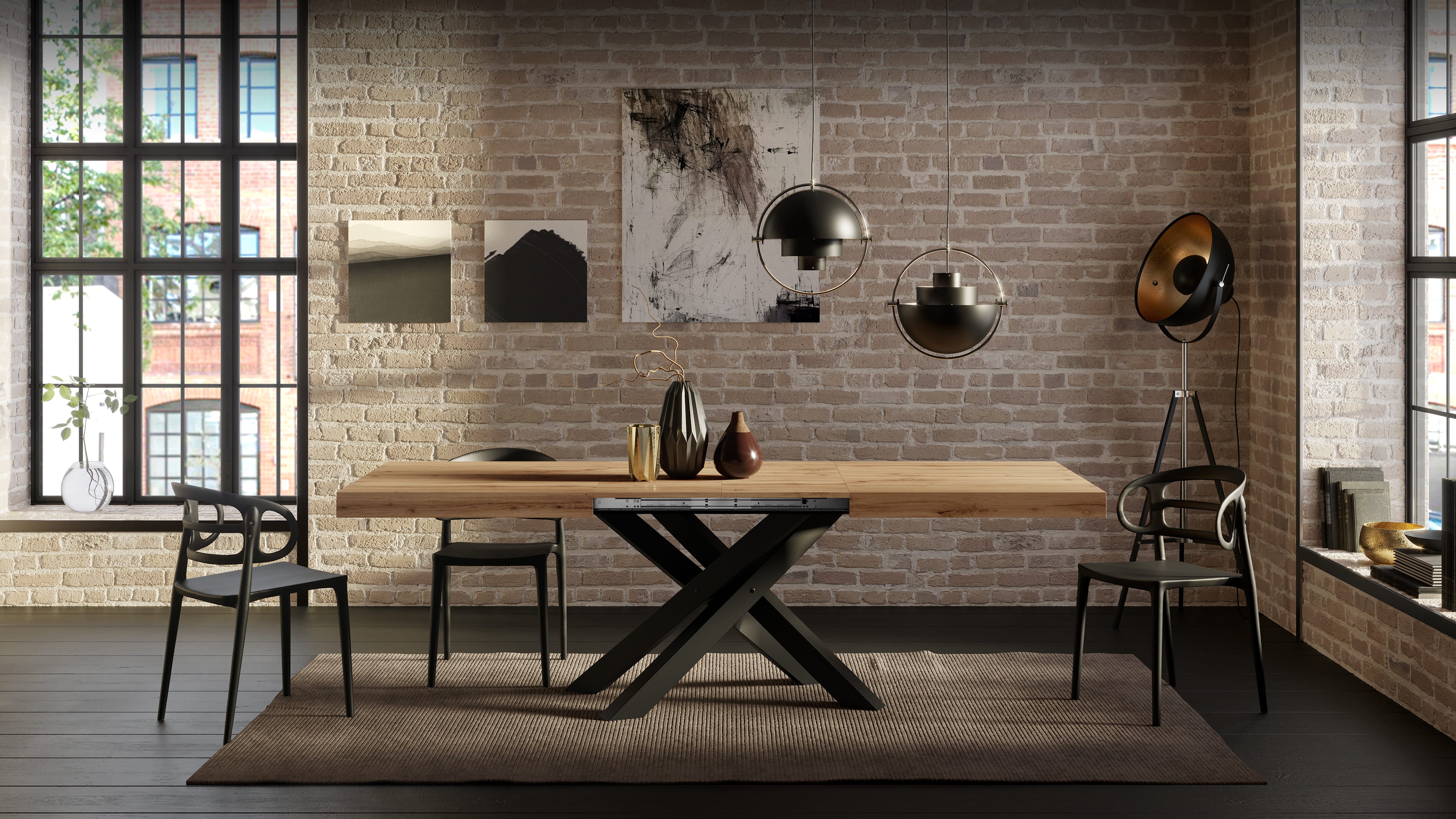 Tavolo Allungabile Emma 140(220)x90 cm, Rovere Naturale con Gambe Incrociate nere - Immagine ambientata 2