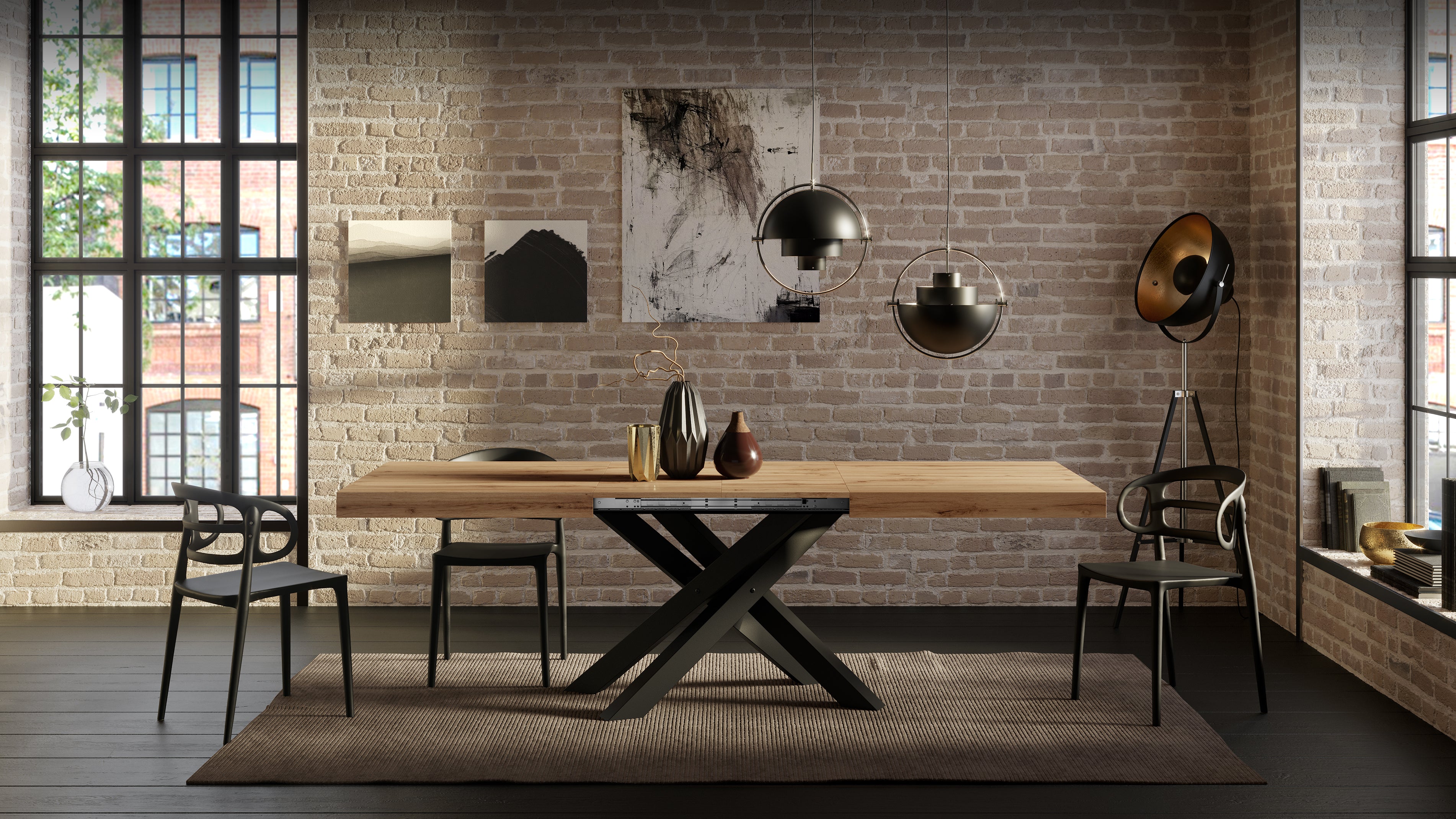 Table Extensible Emma 160(240)x90 cm, Bois rustique avec Pieds Croisés Noirs - Set image 7