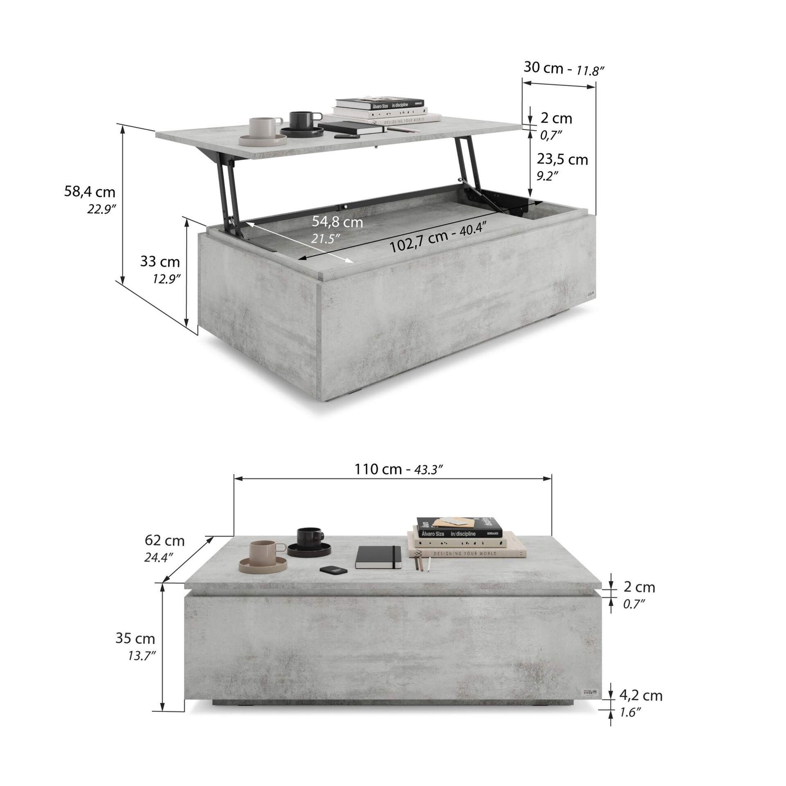 Table basse avec coffre, X, Gris Béton - Immagine tecnica 1
