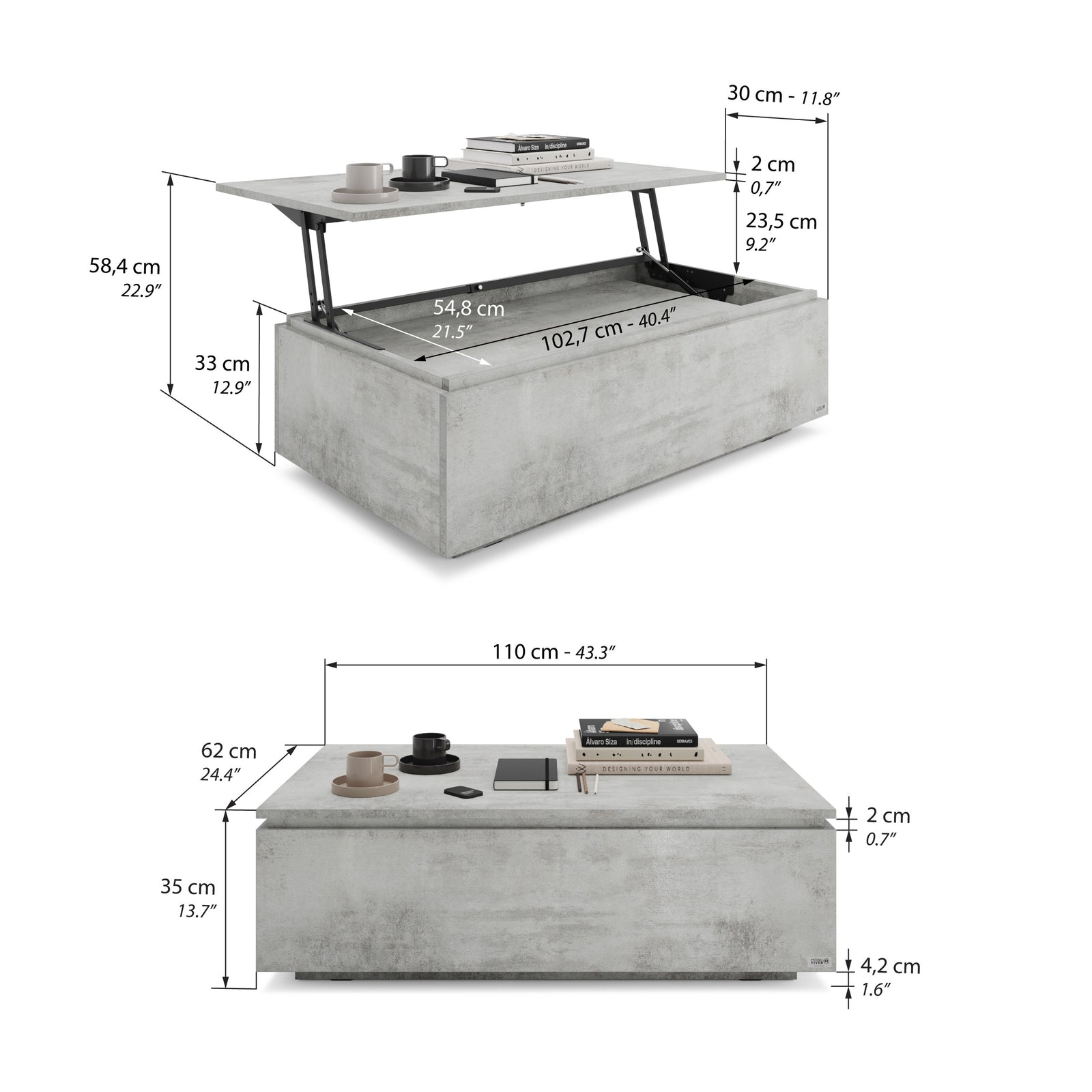 Salontafel met opbergruimte, X, Grijs Beton - Immagine tecnica 1