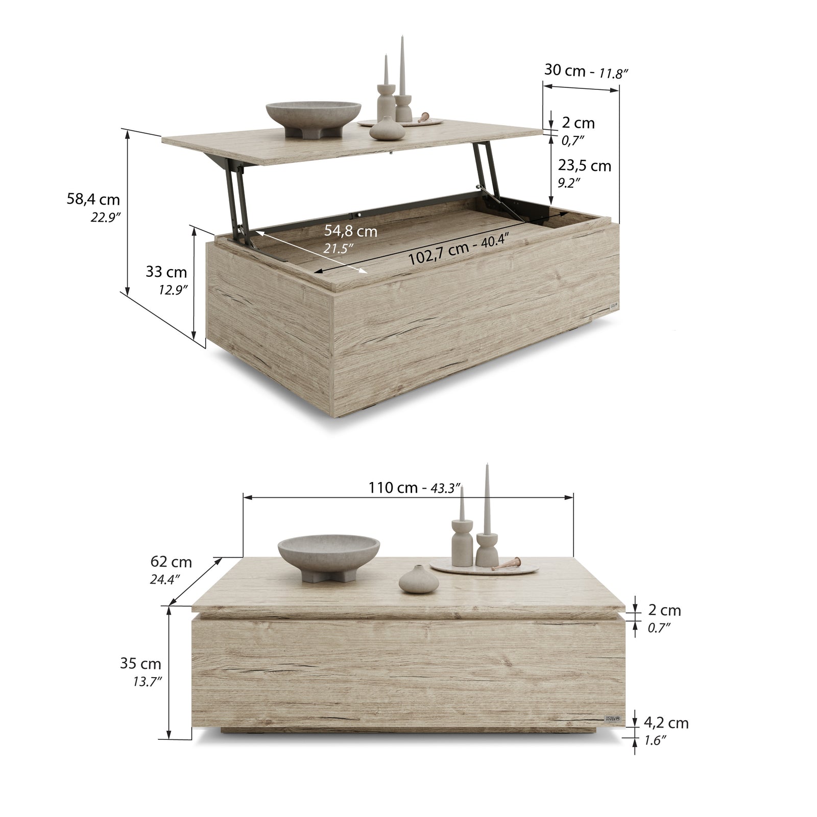 Mesa de centro com compartimento, X, Carvalho - Immagine tecnica 1