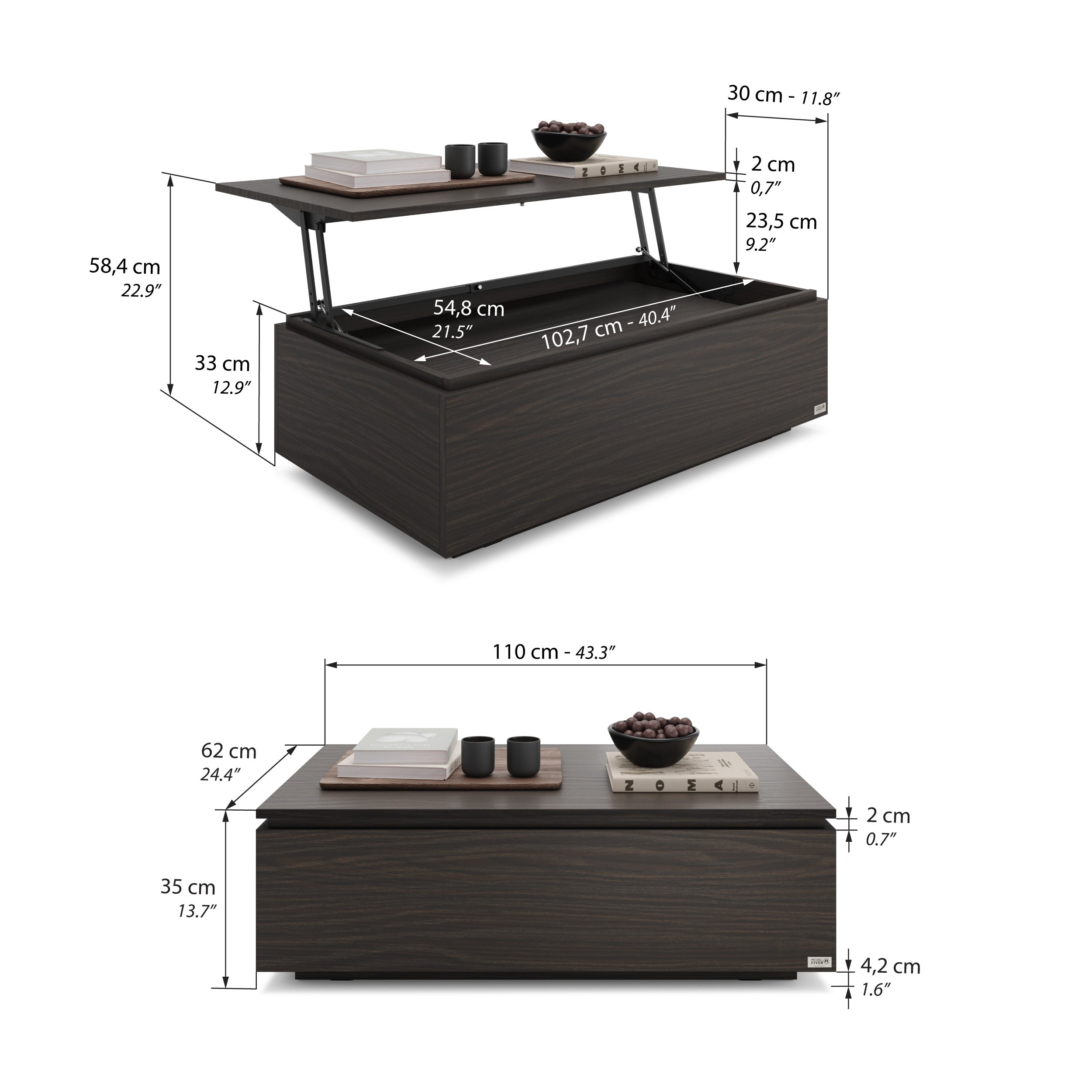 Coffee Table X with Console Leaf Storage, Dark Walnut
