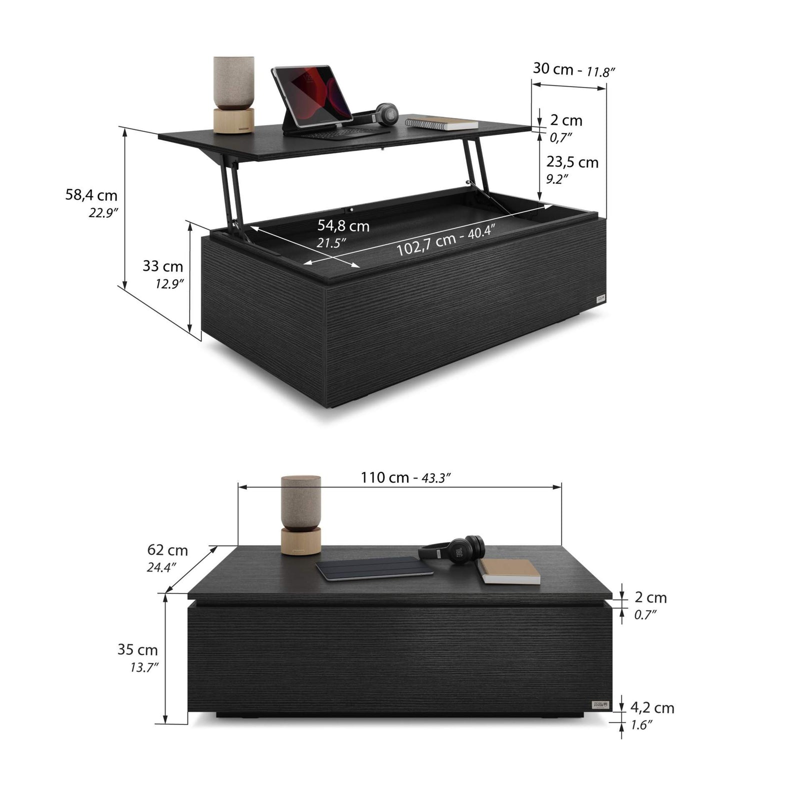 Coffee table with storage X, Black Ashwood - Immagine tecnica 1