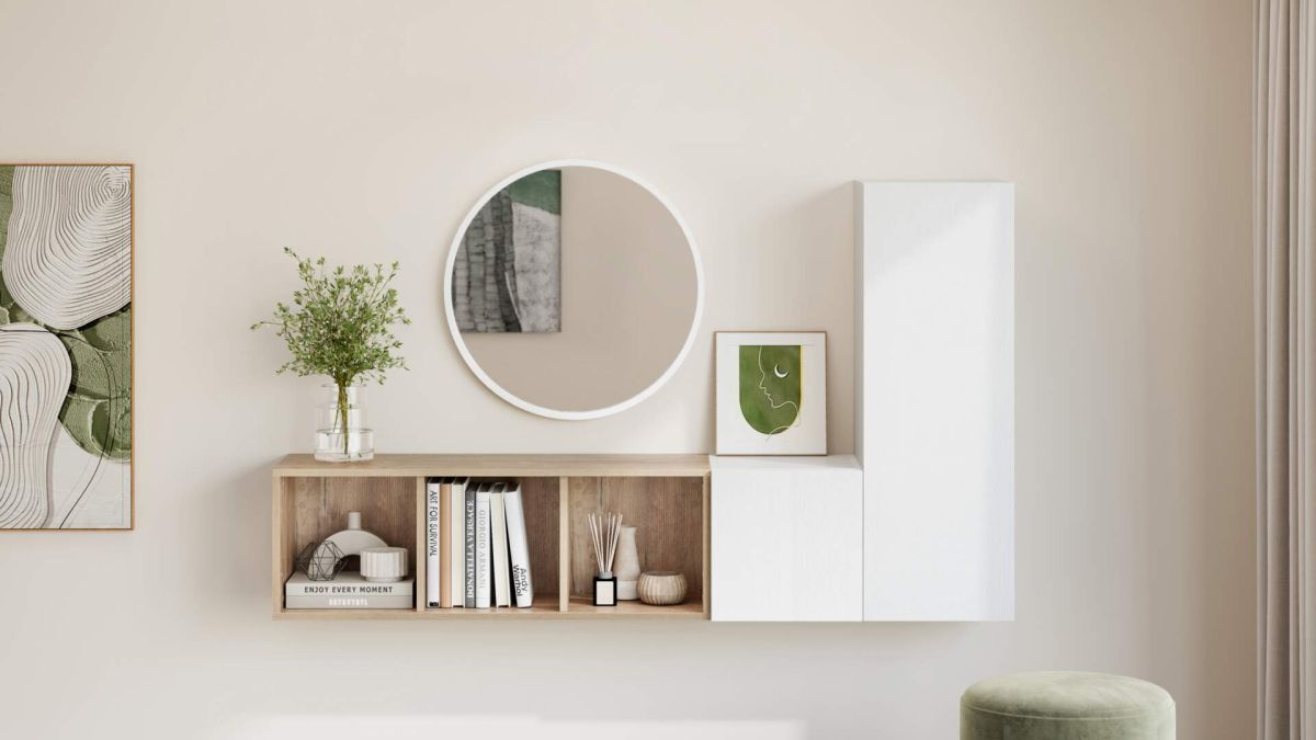 Espejo redondo Olivia, diámetro 82 cm, color Fresno blanco imagen configurada 2