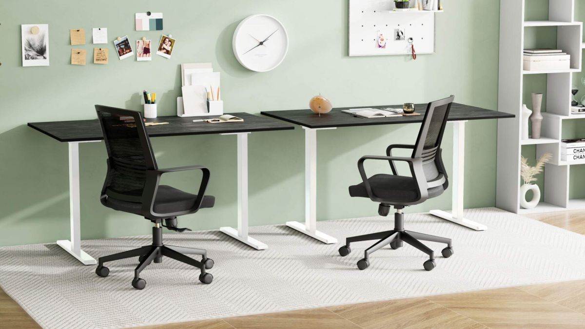 Clara Fixed Height Desk 140x60 Concrete Effect, Black with White Legs set image 1