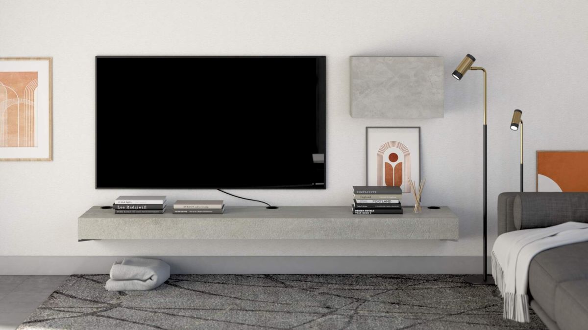 Tv Wandregal Evolution 180 x 40 mit kabellosem Ladegerät, grauer Beton Umgebungsbild 1