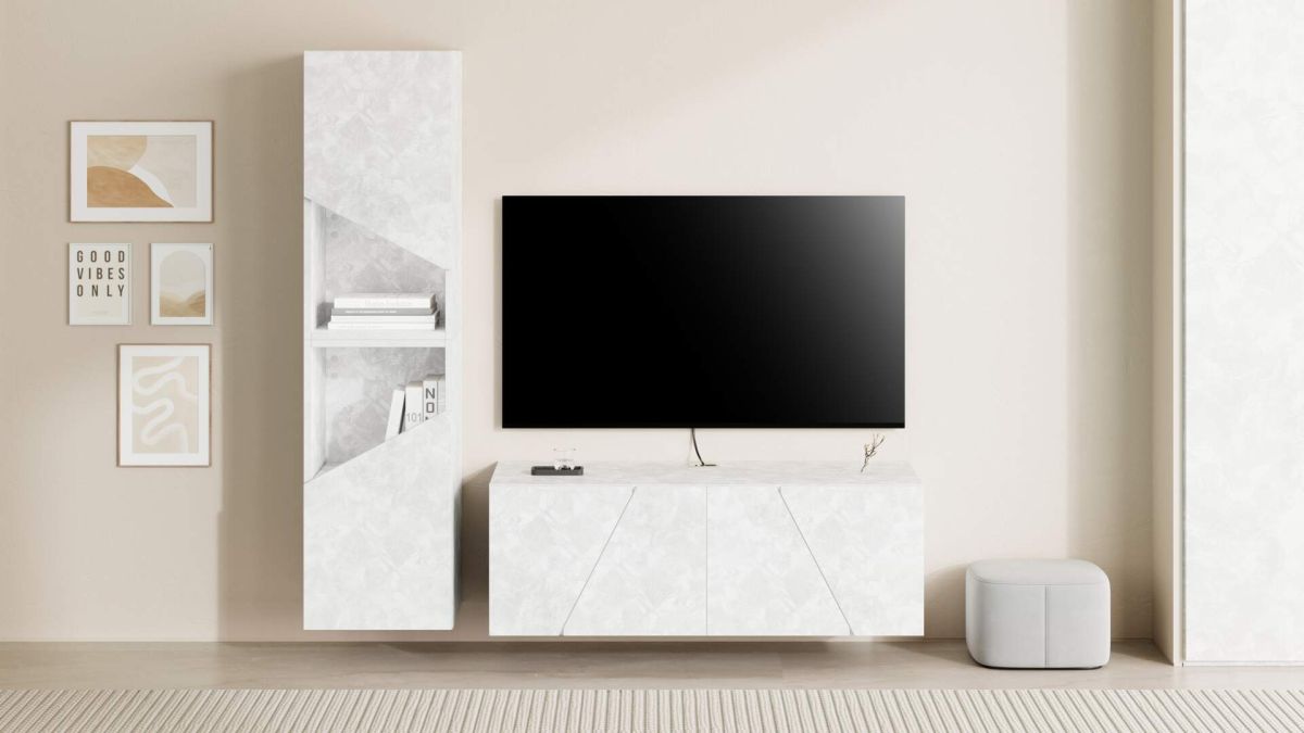 Emma Living Room Wall Unit 2, Concrete Effect, White, 150x44x139 cm set image 1