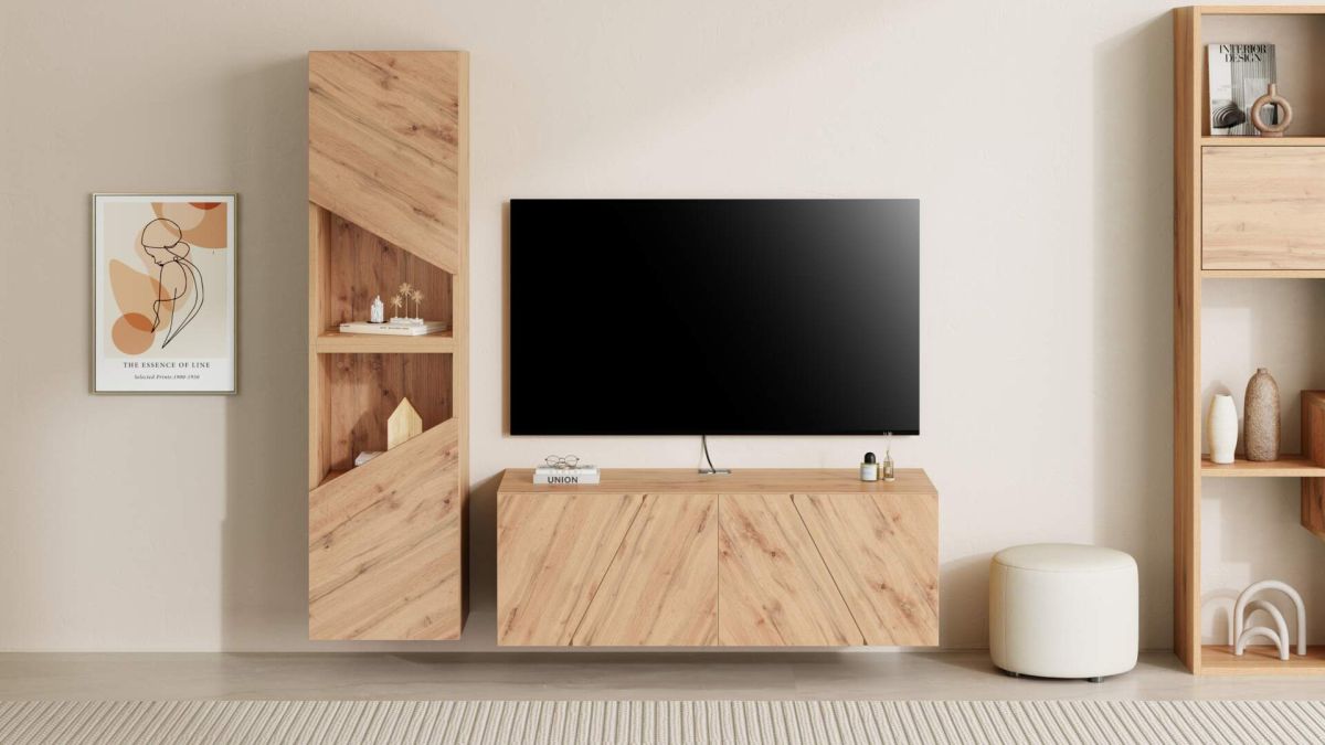 Mueble TV suspendido Emma con puerta abatible, color madera rústica imagen configurada 1