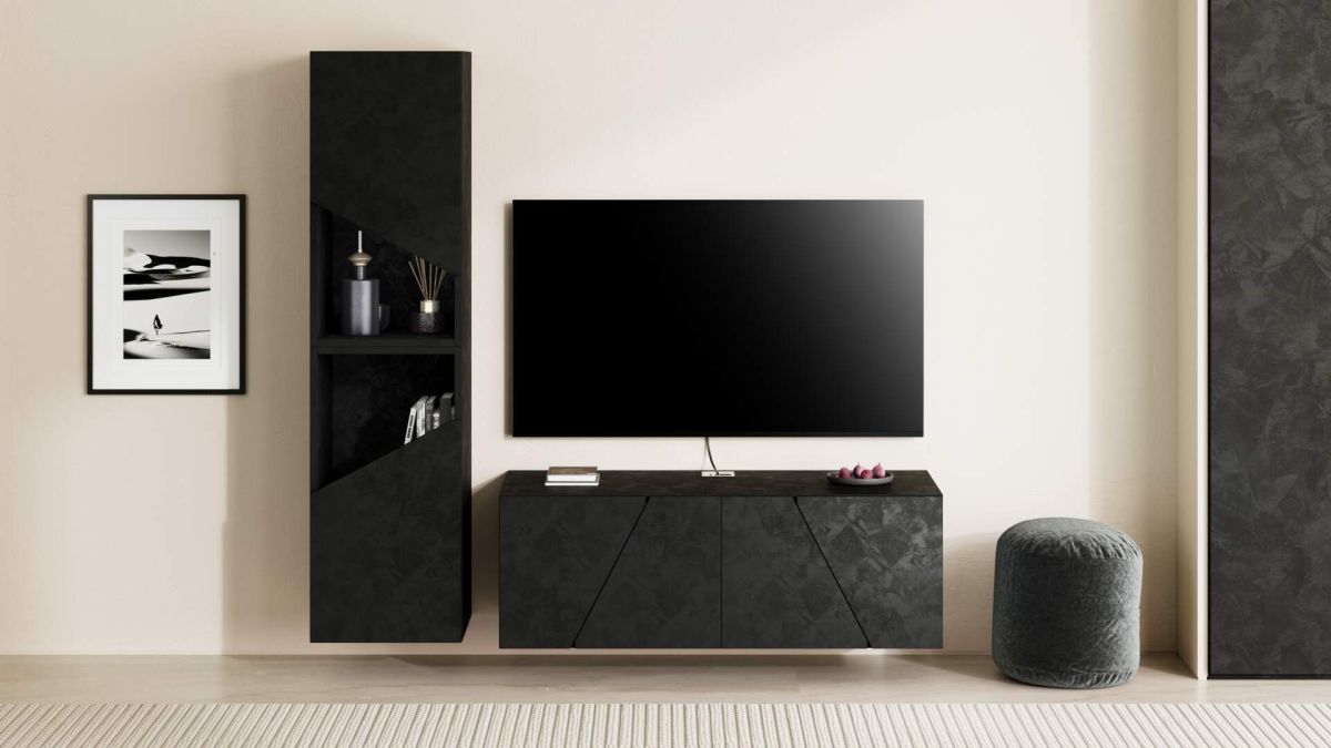 Emma Living Room Wall Unit 2, Concrete Effect, Black, 150x44x139 cm set image 1