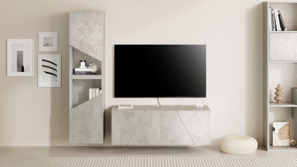 Emma Living Room Wall Unit 2, Concrete Effect, Grey, 150x44x139 cm set image 1