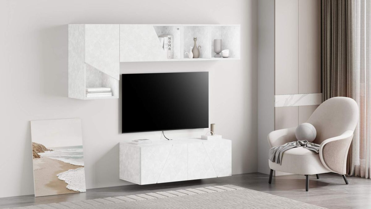 Emma Living Room Wall Unit 3, Concrete Effect, White, 176x44x170 cm set image 1