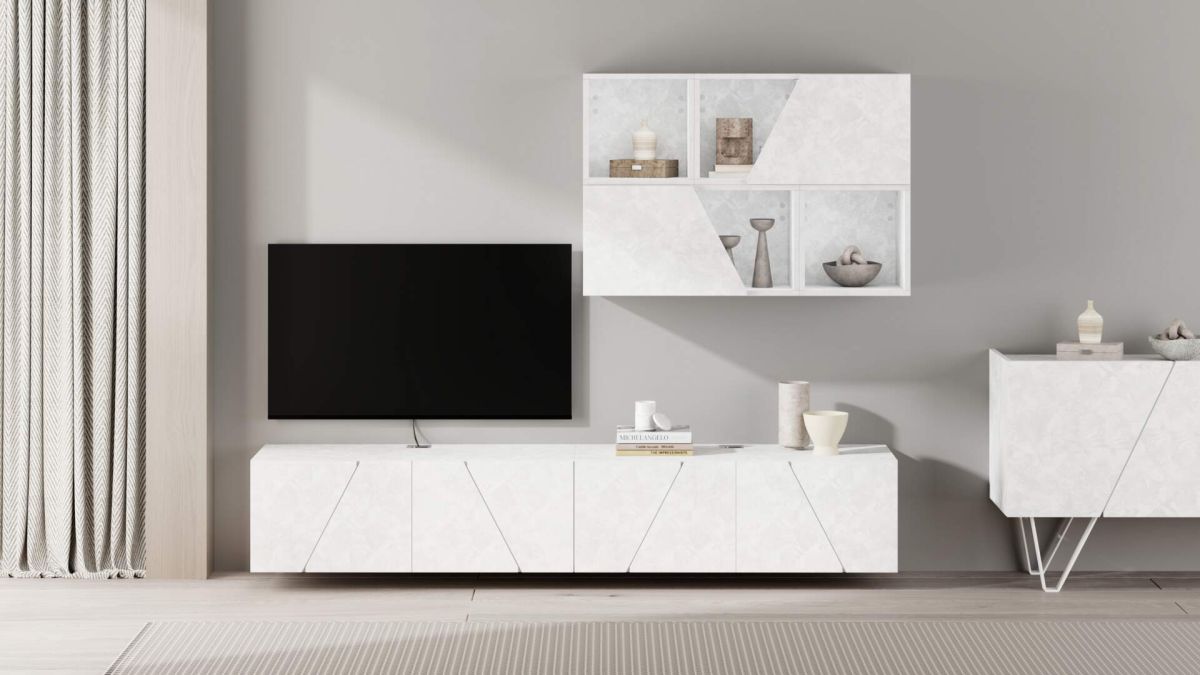 Emma Living Room Wall Unit 5, Concrete Effect, White, 208x44x160 cm set image 1