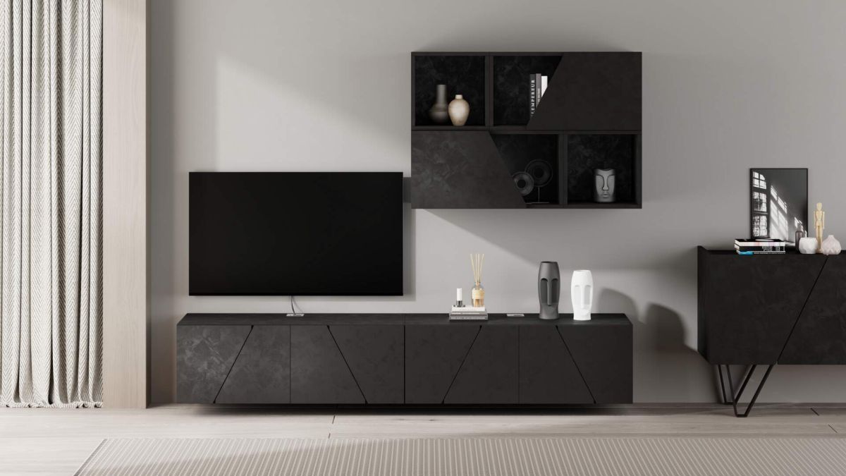 Emma Living Room Wall Unit 5, Concrete Effect, Black, 208x44x160 cm set image 1