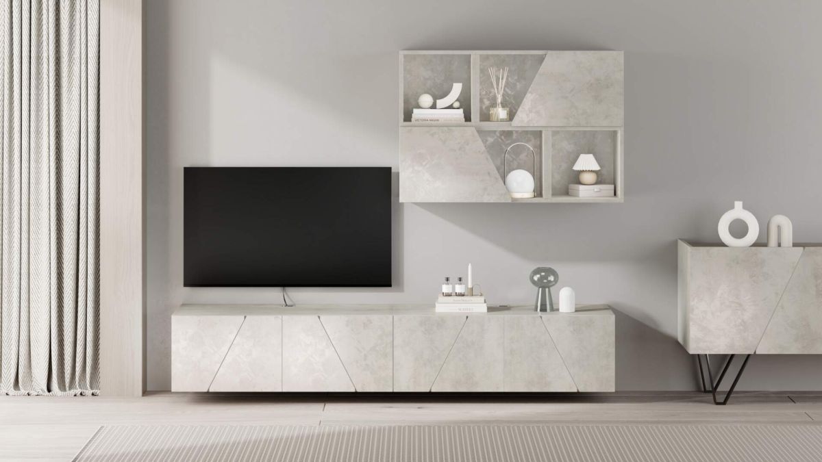 Emma Living Room Wall Unit 5, Concrete Effect, Grey, 208x44x160 cm set image 1