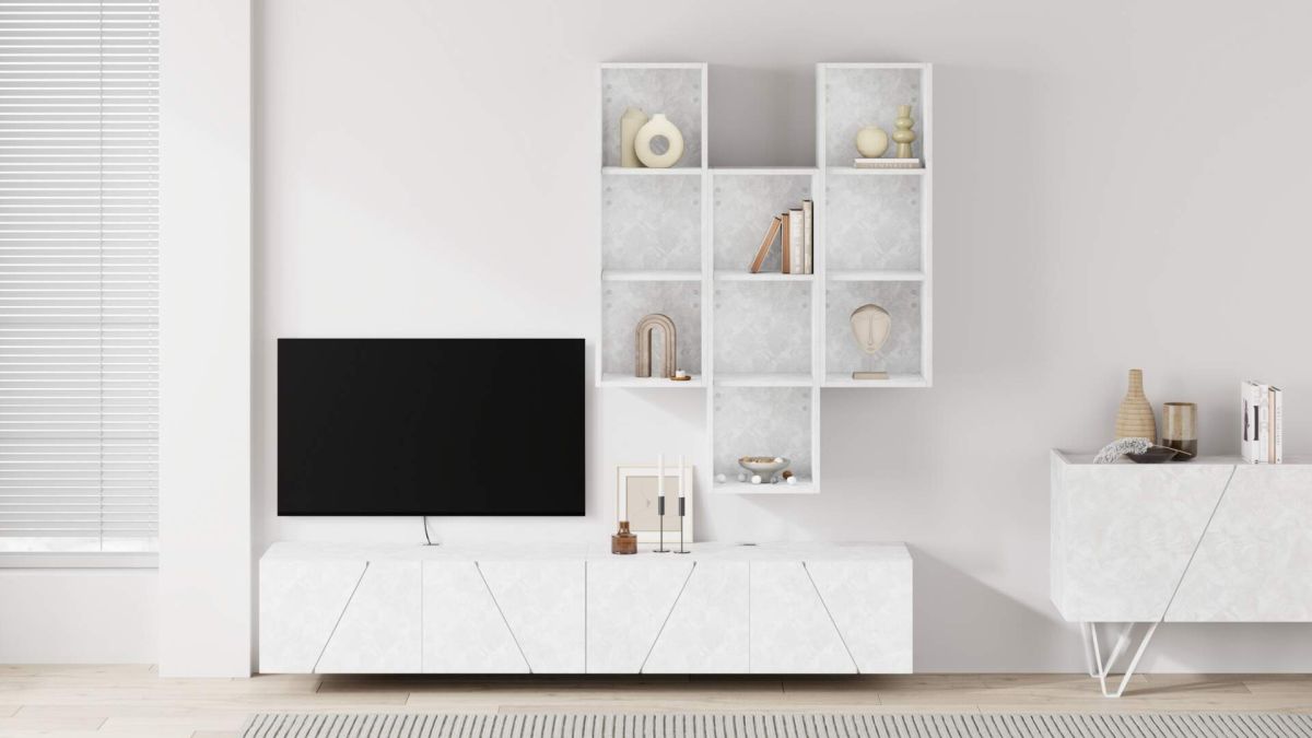 Emma Living Room Wall Unit 6, Concrete Effect, White, 208x44x210 cm set image 1
