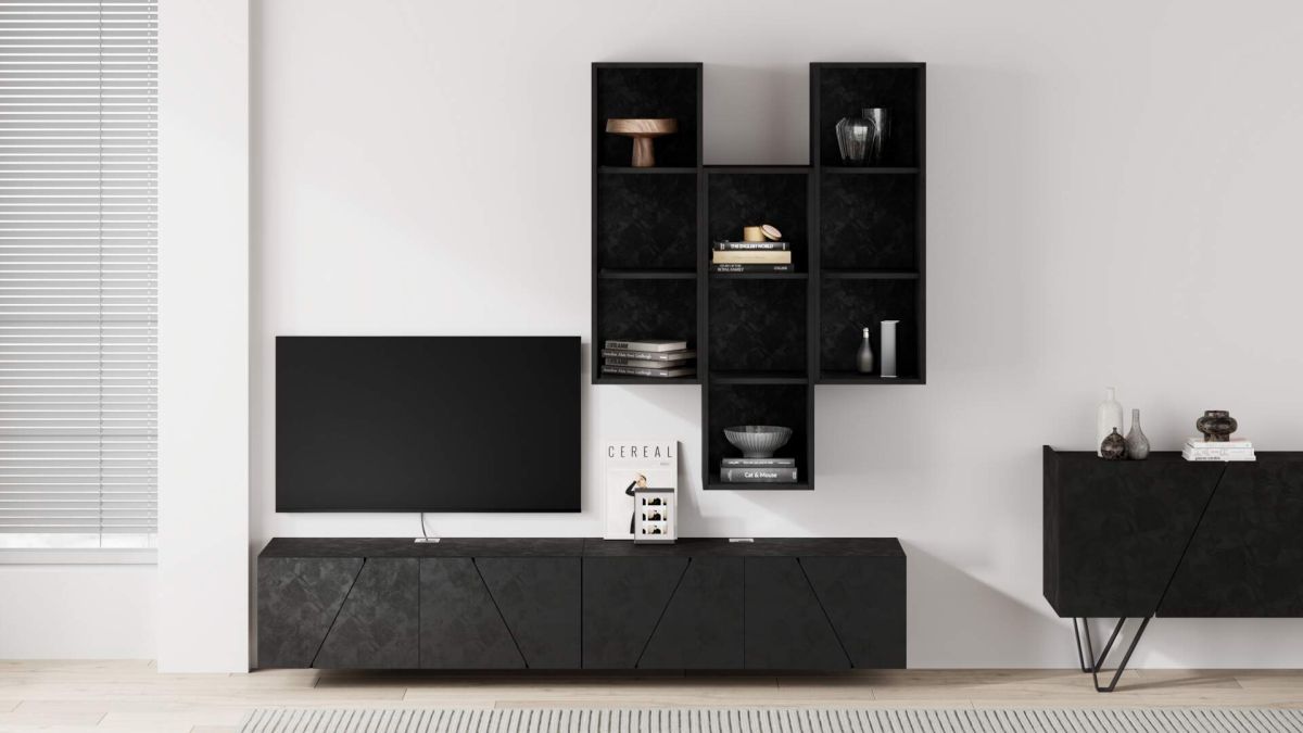Emma Living Room Wall Unit 6, Concrete Effect, Black, 208x44x210 cm set image 1