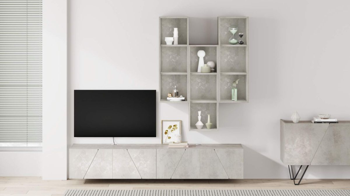 Emma Living Room Wall Unit 6, Concrete Effect, Grey, 208x44x210 cm set image 1