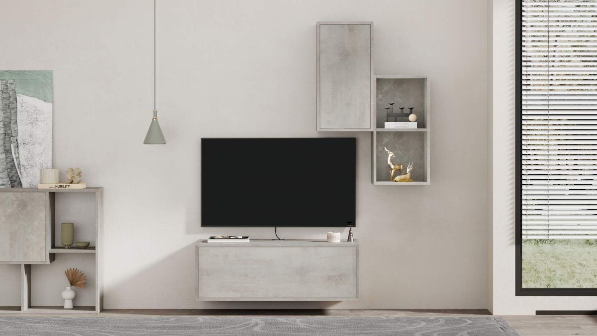 Iacopo Living Room Wall Unit 2, Concrete Effect, Grey, 150x42x177 cm set image 1