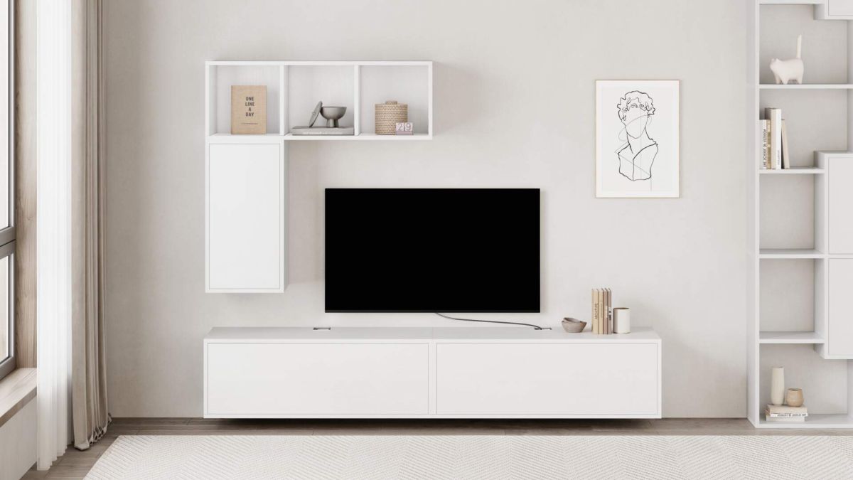 Mueble TV suspendido Iacopo con cajón, color fresno blanco imagen configurada 1