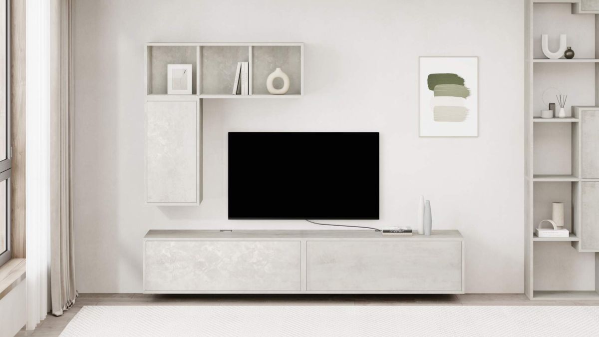 Iacopo Living Room Wall Unit 5, Concrete Effect, Grey, 208x42x160 cm set image 1