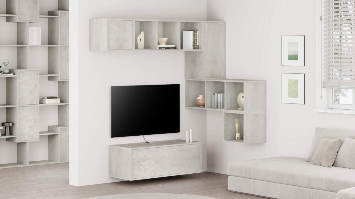 Iacopo Corner Living Room Wall Unit 8, Concrete Effect, Grey, 280x42x188 cm set image 1