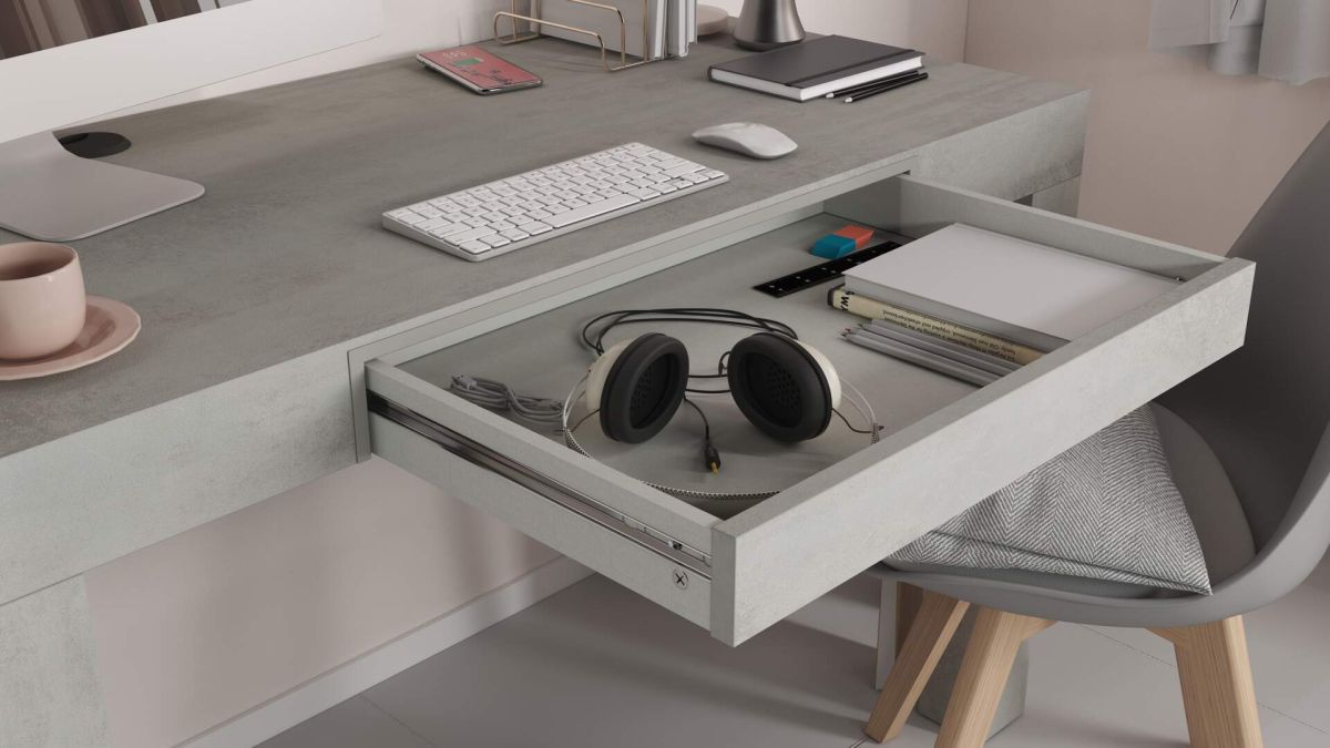 Mesa escritorio com gaveta First, Cimento Cinza imagem do conjunto 5