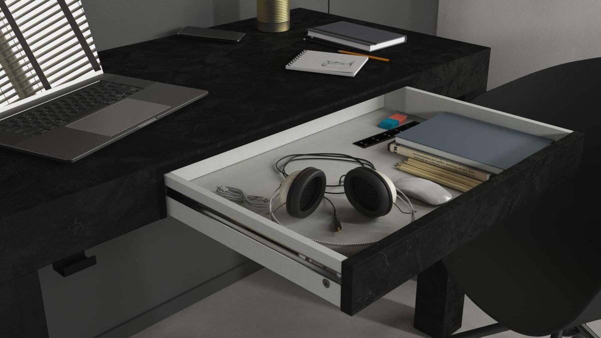 Mesa escritorio com gaveta First, Cimento Preto imagem do conjunto 4