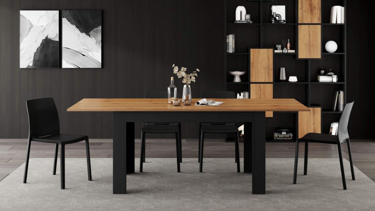 Easy, Extendable dining table, 140(220)x90 cm, Rustic Oak and Ashwood Black set image 1