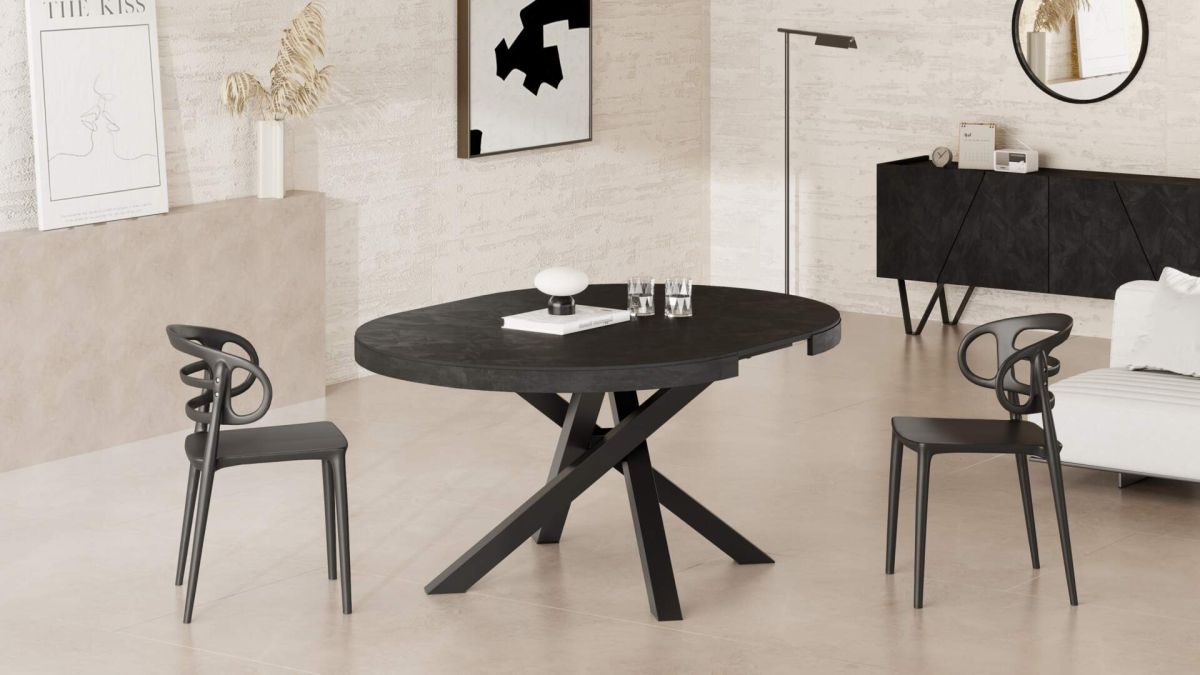 Runder ausziehbarer Tisch Emma, 120-160 cm, Schwarzer Beton mit gekreuzten Schwarzen Beinen Umgebungsbild 3