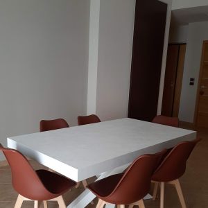Emma 140(220)x90 cm Extendable Table, Concrete Effect, White with White Crossed Legs customer image 1