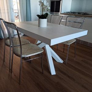 Emma 140(220)x90 cm Extendable Table, Concrete Effect, White with White Crossed Legs customer image 6