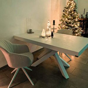 Emma 140(220)x90 cm Extendable Table, Concrete Effect, White with White Crossed Legs customer image 3