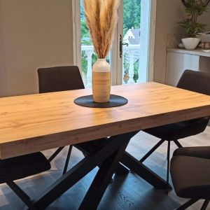 Table Extensible Emma 160(240)x90 cm, Bois rustique avec Pieds Croisés Noirs image du client 18