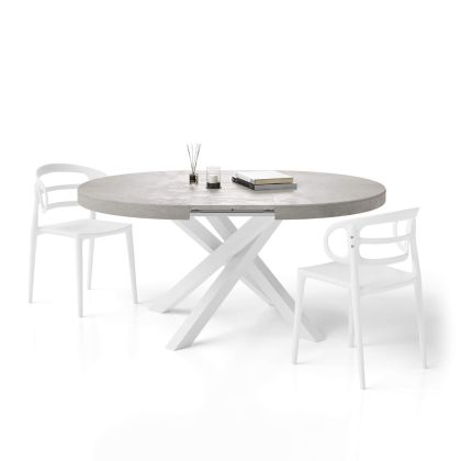 Emma Round Extendable Table, Concrete Grey with White crossed legs