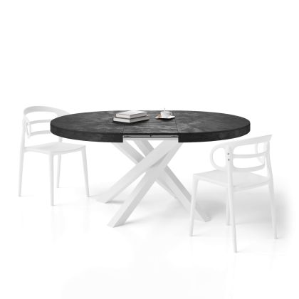 Mesa redonda extensible Emma en negro cemento con patas cruzadas blancas