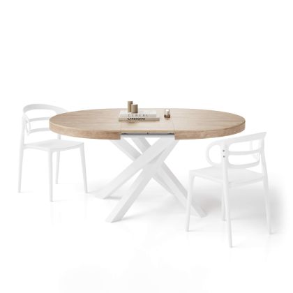 Emma Round Extendable Table, Oak with White crossed legs