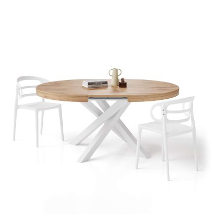 Mesa redonda extensible Emma en color madera rústica con patas cruzadas blancas